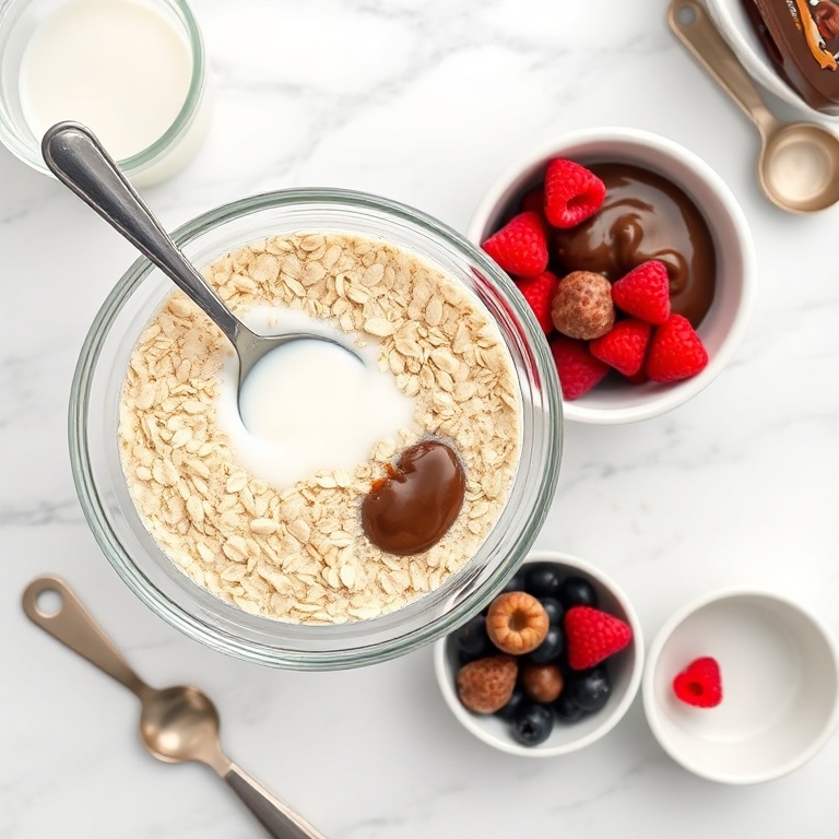 Rolled oats, milk, nutella, fresh berries, and a spoon in a bowl