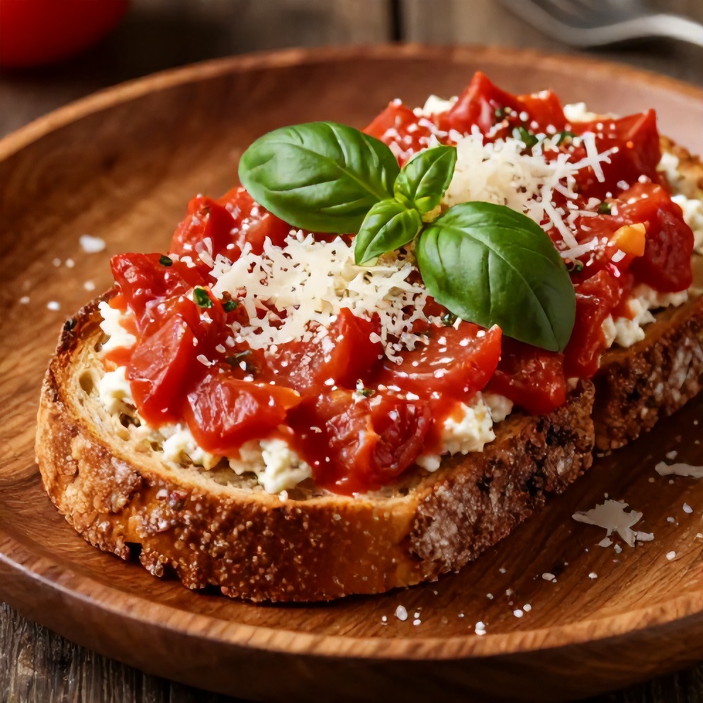 Creamy tomato cottage cheese toast on a rustic plate