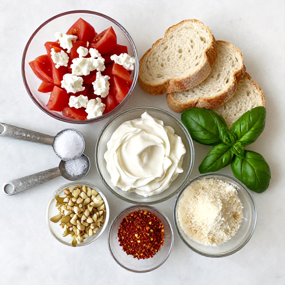 Ingredients for tomato cottage cheese toast on a marble counter
