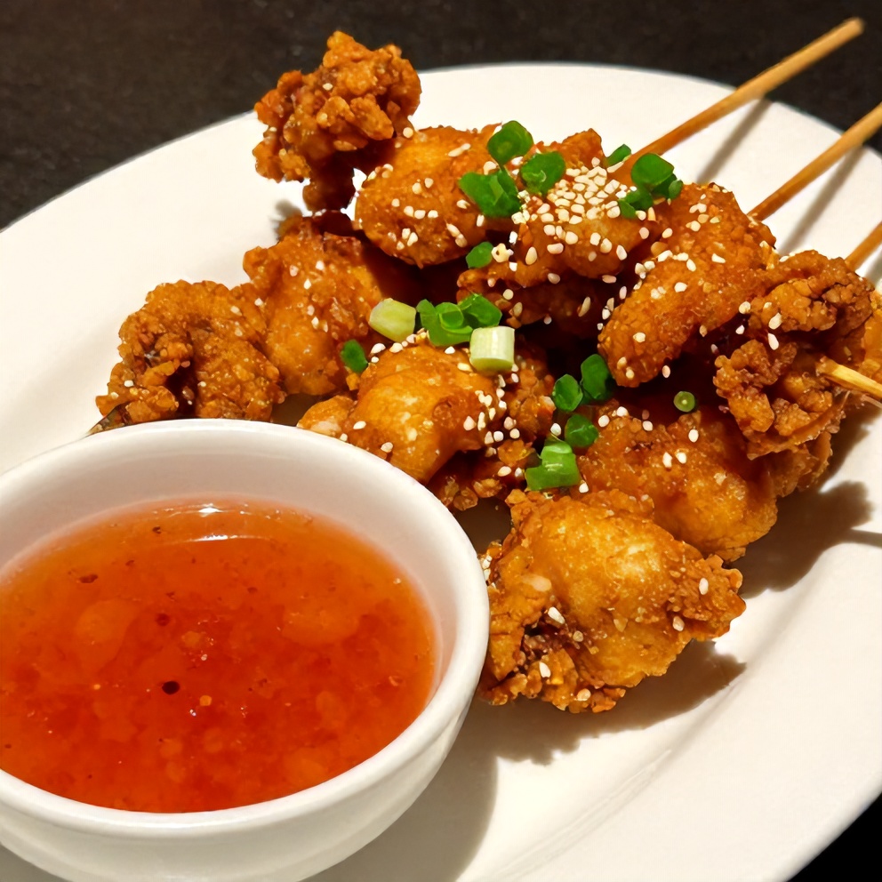 Plated Bang Bang Chicken Skewers with spicy dipping sauce