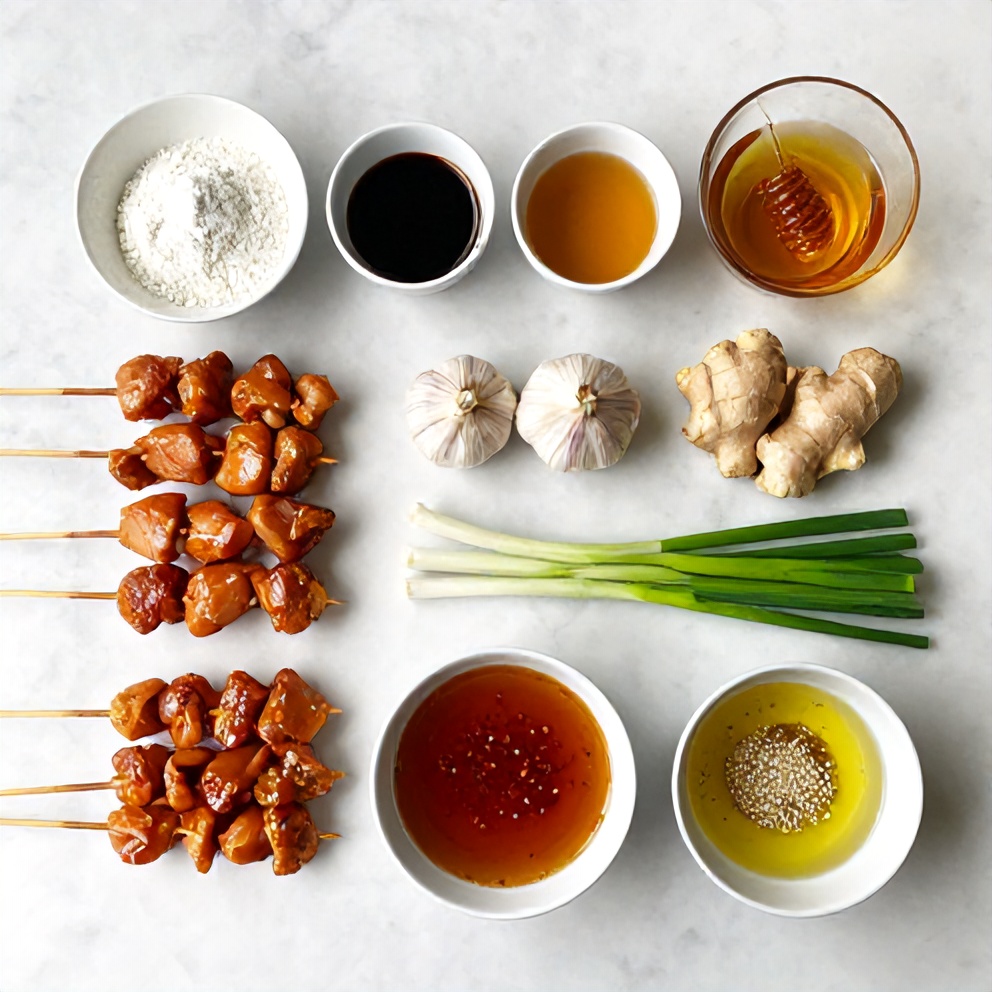 Bang Bang Chicken Skewers ingredients on a marble counter