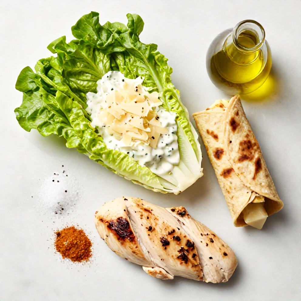 Chicken Caesar Wrap ingredients on a marble surface