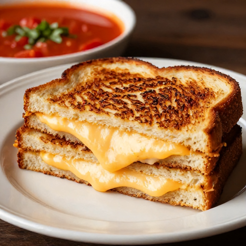 Grilled cheese sandwich on a plate with tomato soup