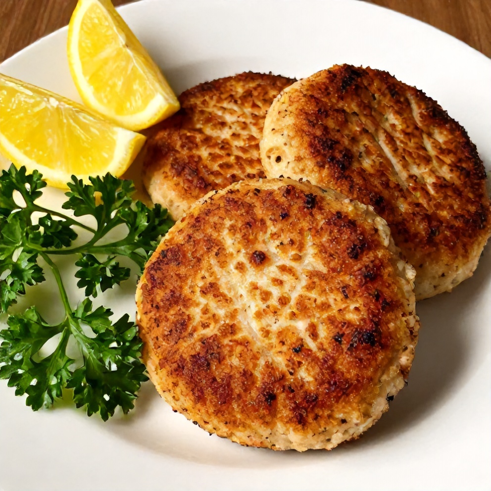 Plated salmon cakes with lemon wedges and fresh parsley