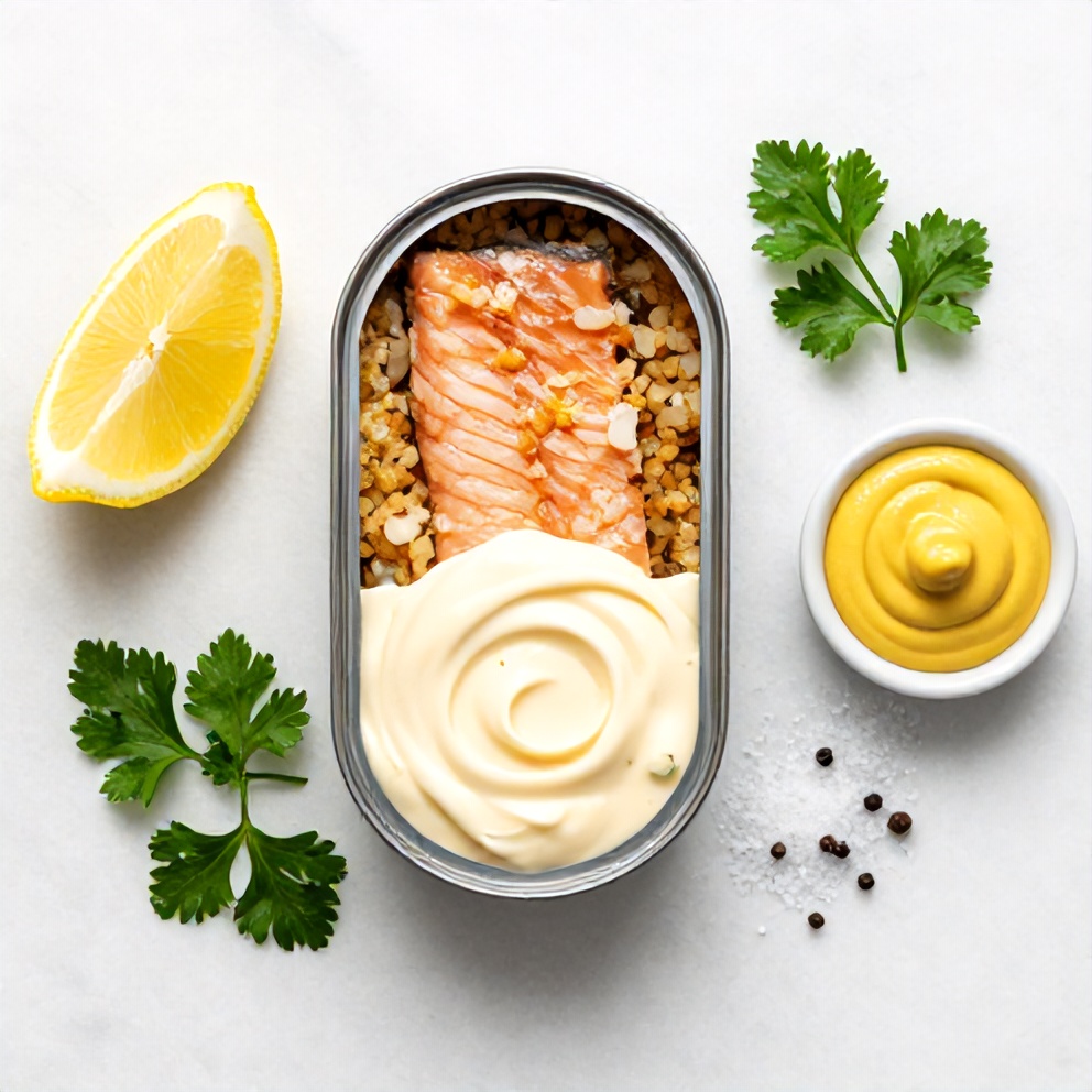 Raw ingredients for salmon cakes on a marble surface