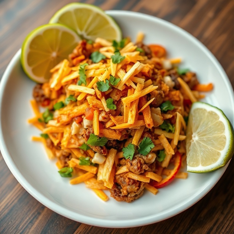 Perfect plated serving of crispy taco salad with a sprinkle of cheddar cheese and a side of lime wedges, close crop showing the texture and layers of the dish.