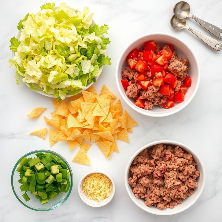 Overhead flat lay of the raw ingredients for crispy taco salad: shredded lettuce, crumbled tortilla chips, ground beef, diced tomatoes, shredded cheddar, and sliced green onions.