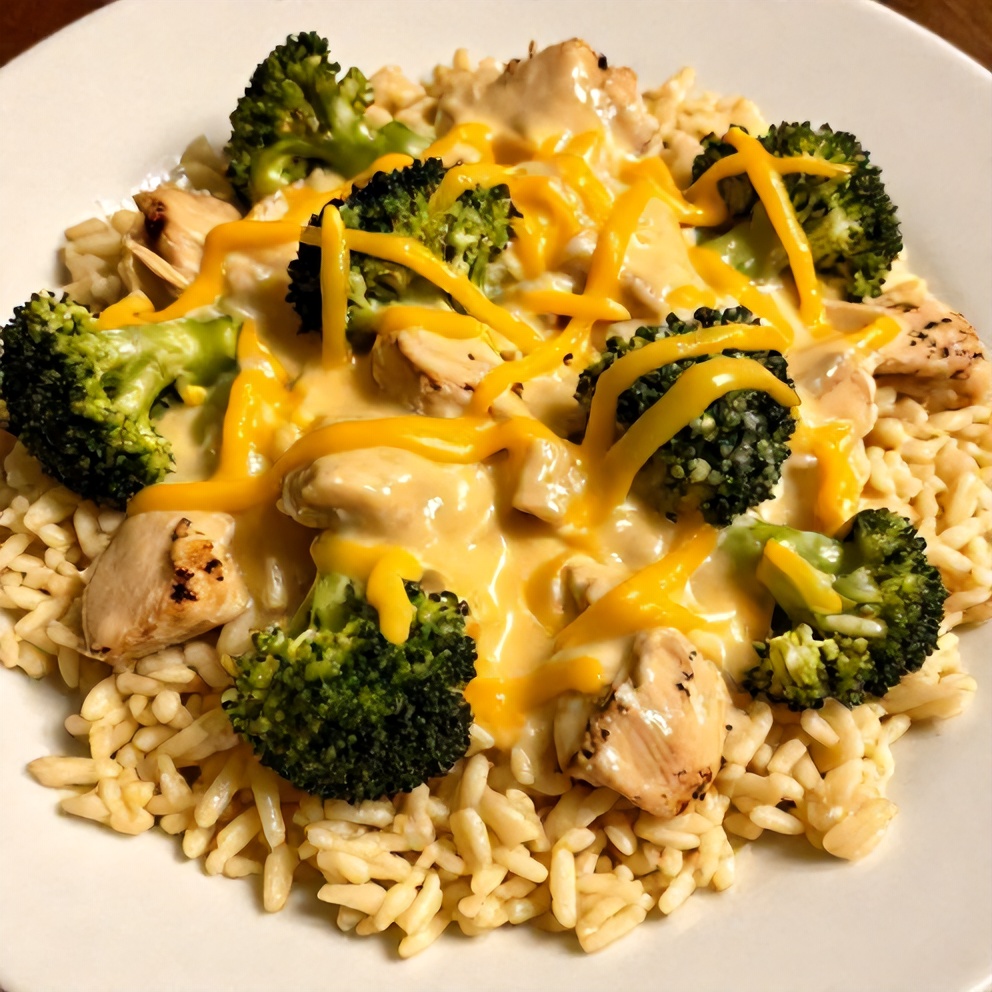 Plated crockpot broccoli cheddar chicken and rice dinner
