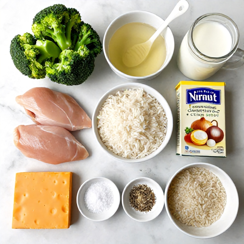 Raw ingredients for crockpot broccoli cheddar chicken and rice
