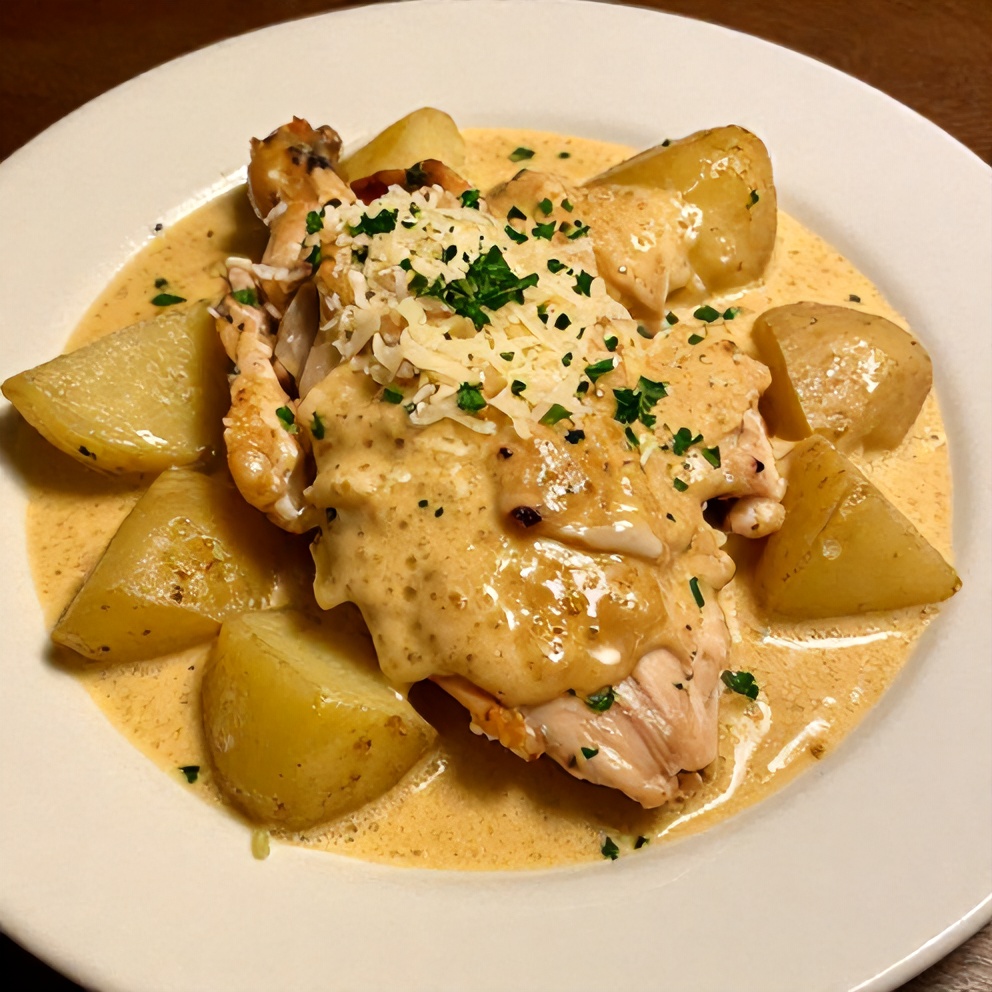 Plated Crockpot Garlic Parmesan Chicken and Potatoes