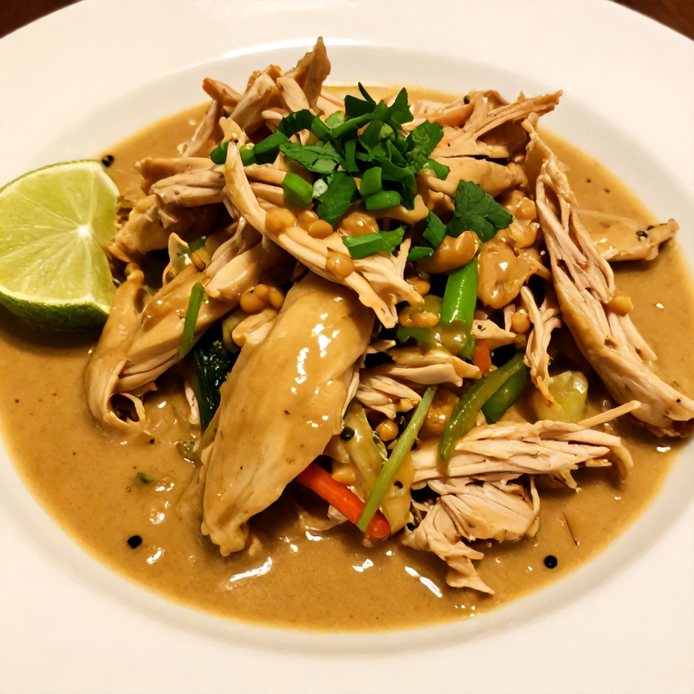 Thai Peanut Chicken served over steamed rice with a side of vegetables