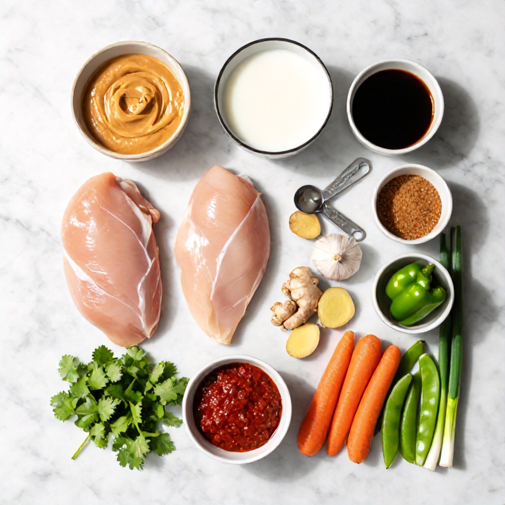 Ingredients for Thai Peanut Chicken laid out on a wooden surface