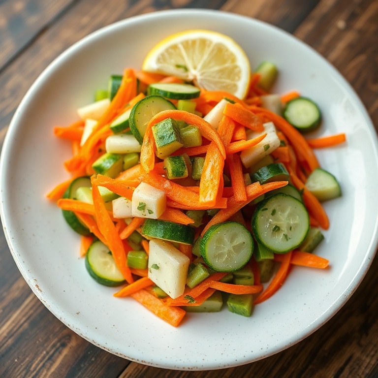 Crispy cucumber, carrot, and celery salad in a white bowl. Topped with lemon slices. Plate has a rustic texture.