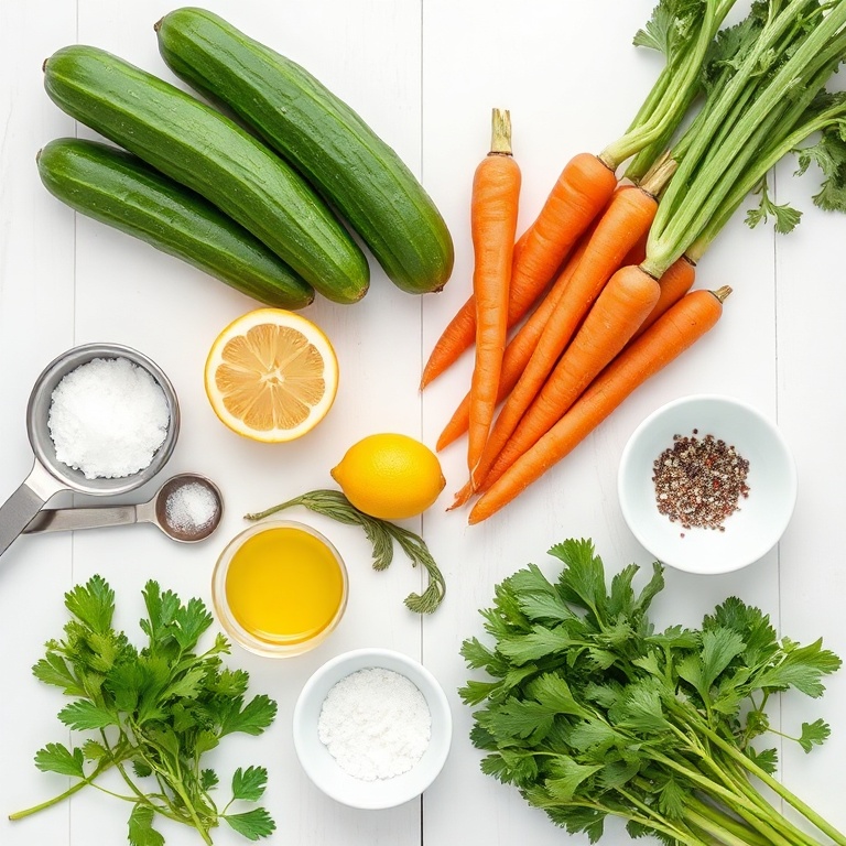 Cucumbers, carrots, celery, lemon, olive oil, salt, and pepper arranged in a flat lay. Measuring spoons and bowls visible.