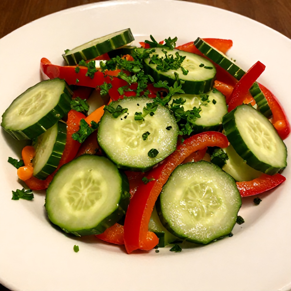 Plated Cucumber Sweet Pepper Salad with fresh parsley