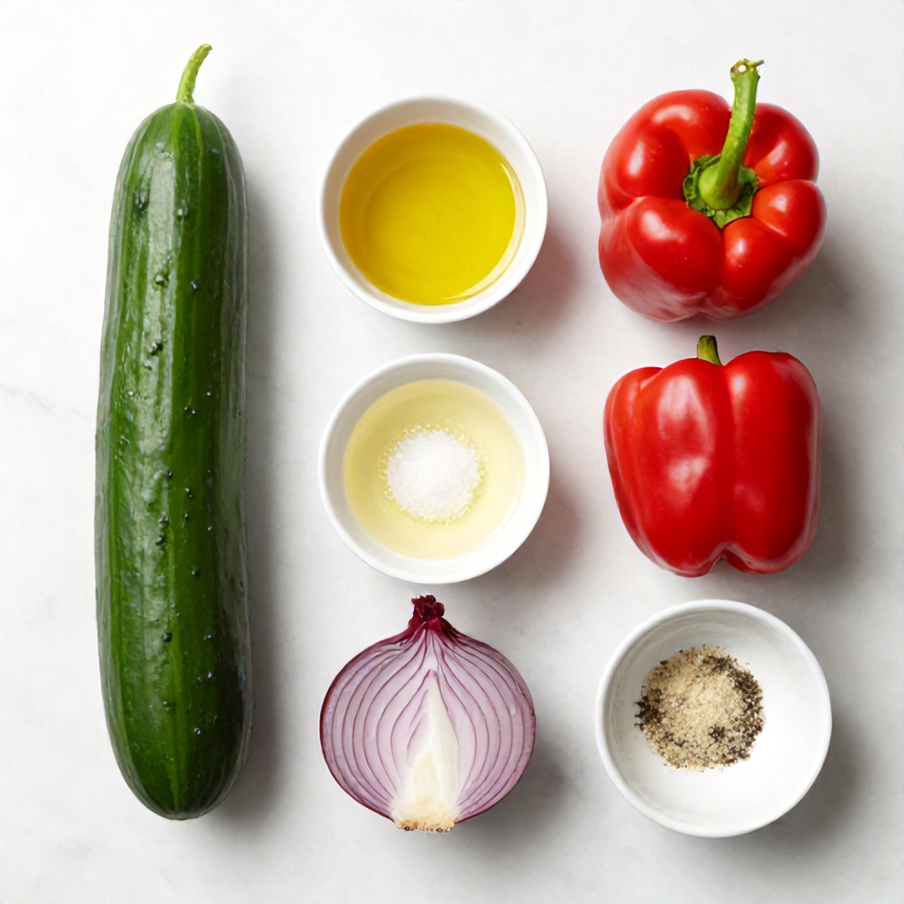 Raw ingredients for Cucumber Sweet Pepper Salad on a marble counter