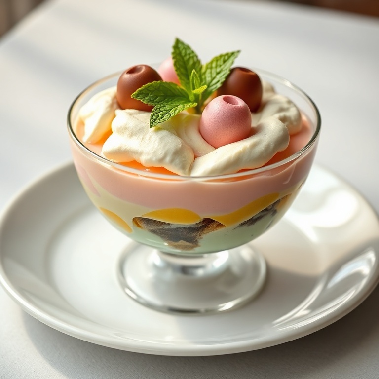 Close up of one serving of Easter trifle garnished with chocolate eggs on a white plate