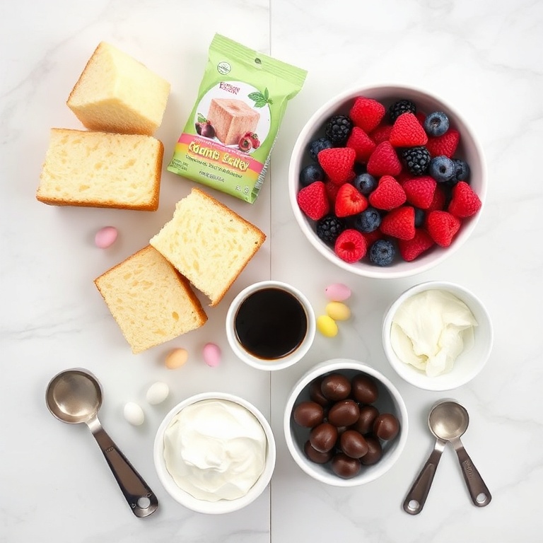 Raw ingredients for Easter trifle including cake cubes, whipped cream, pastel jello, fresh berries, and chocolate eggs