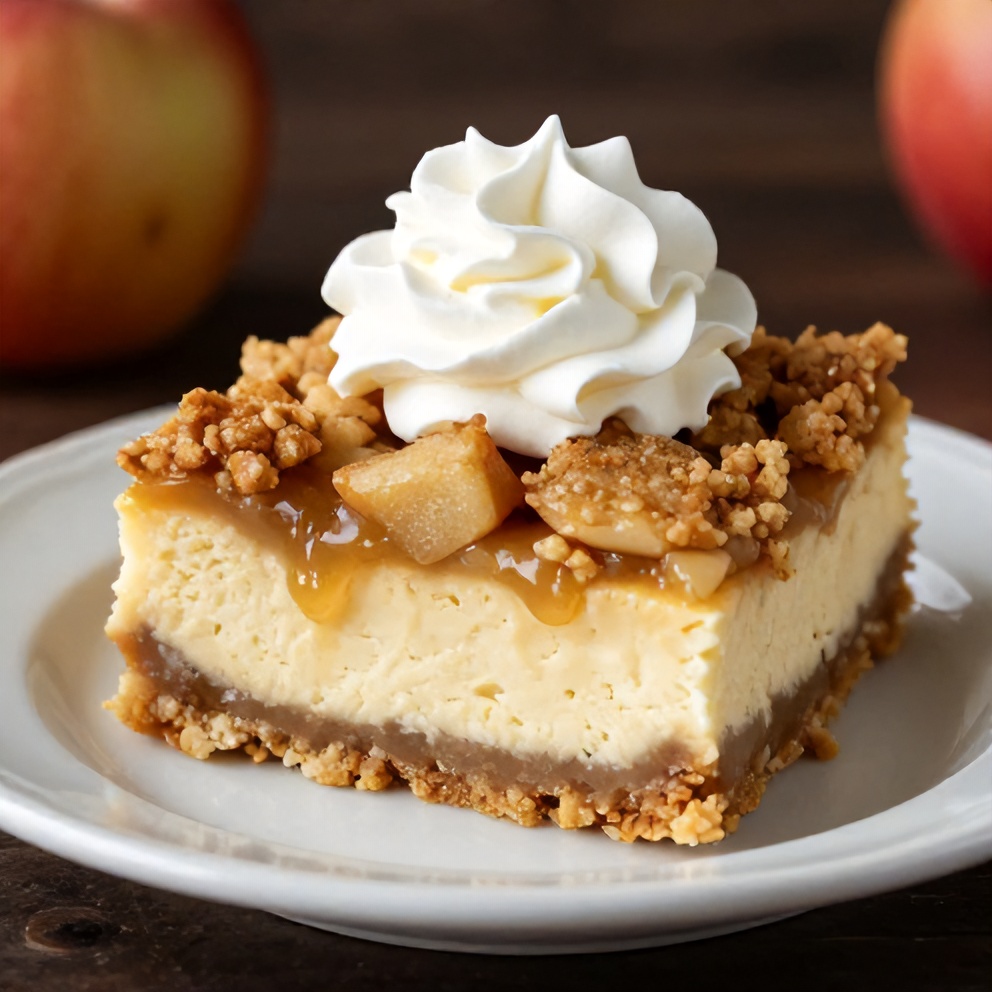 Plated Apple Crisp Cheesecake Bar with a dollop of whipped cream