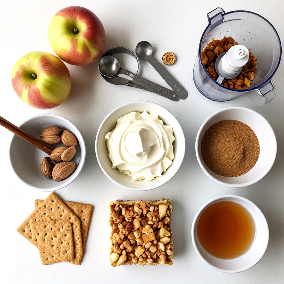 Raw ingredients for Apple Crisp Cheesecake Bars including apples, graham crackers, and cream cheese