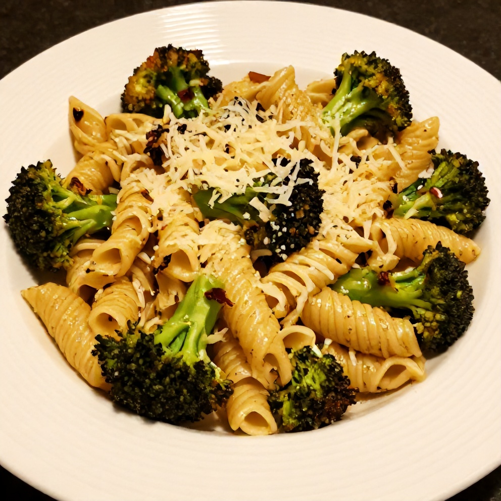Garlic Parmesan Broccoli Pasta plated with crispy broccoli and melted parmesan