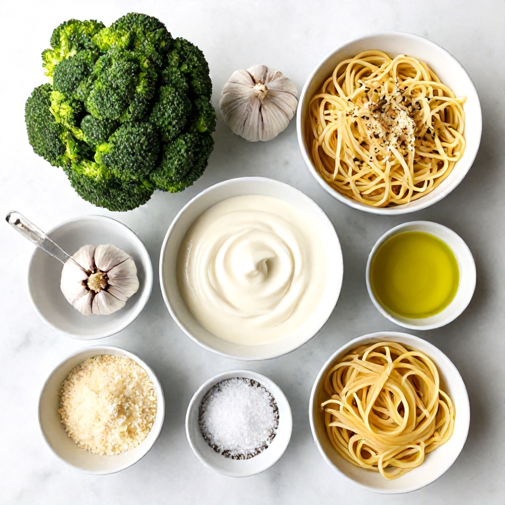 Ingredients for Garlic Parmesan Broccoli Pasta: broccoli, garlic, parmesan, heavy cream, pasta, salt, pepper, olive oil