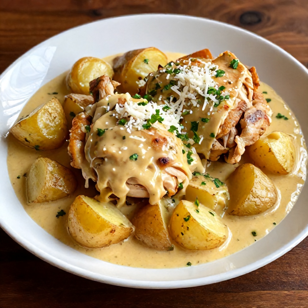 Garlic Parmesan Chicken and Potatoes Plated
