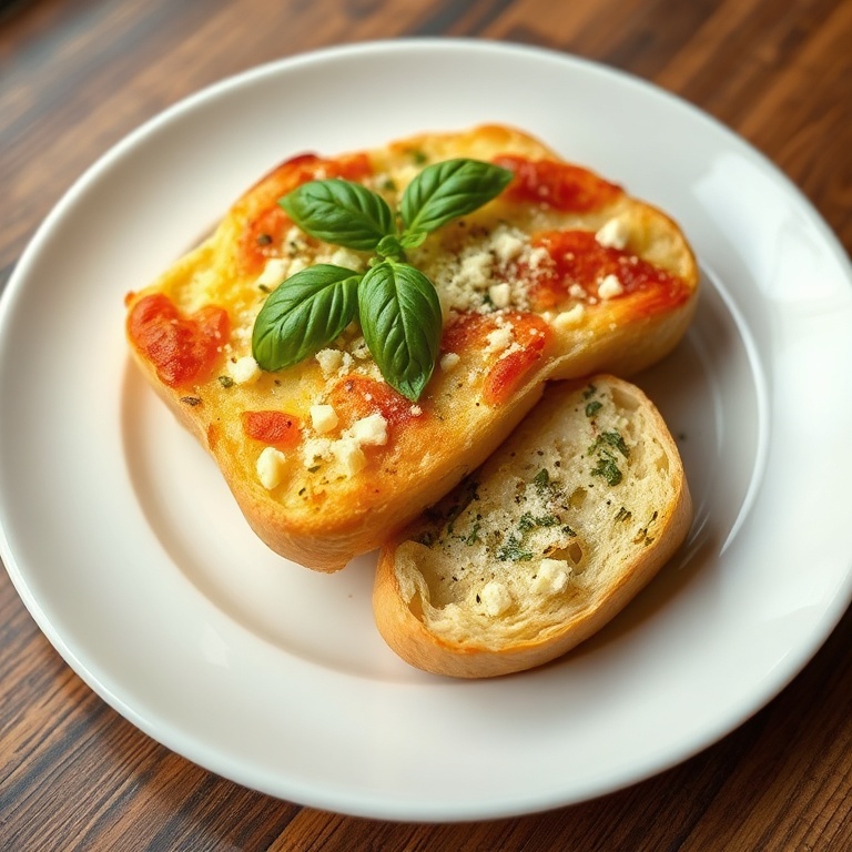 Plated focaccia with fresh basil and extra parmesan. White porcelain plate. Warm side lighting showing texture.