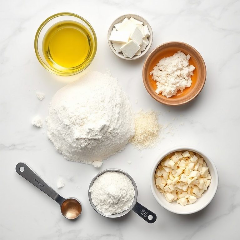 Flat lay of focaccia ingredients: flour, olive oil, garlic, parmesan, yeast. Measuring spoons and bowls visible. White marble surface.