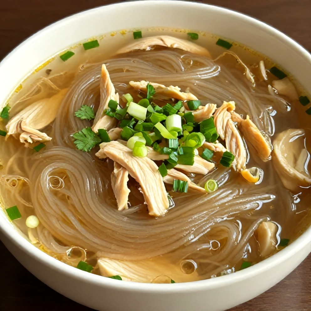 Bowl of Ginger Scallion Chicken Noodle Soup with garnish