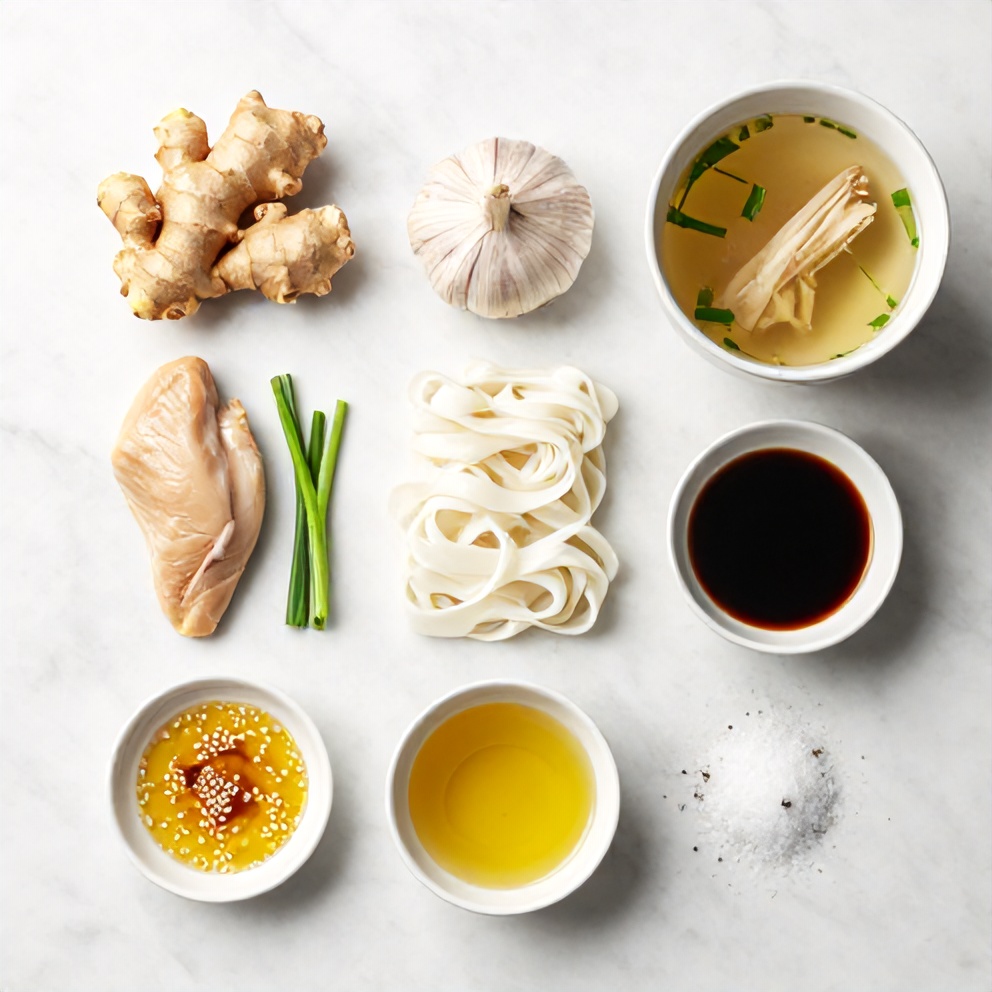 Ginger, scallions, chicken, noodles, and other ingredients laid out