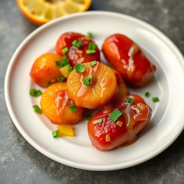 Plated glazed kielbasa pineapple bites garnished with chopped parsley on a white ceramic plate with warm side light highlighting crispy edges