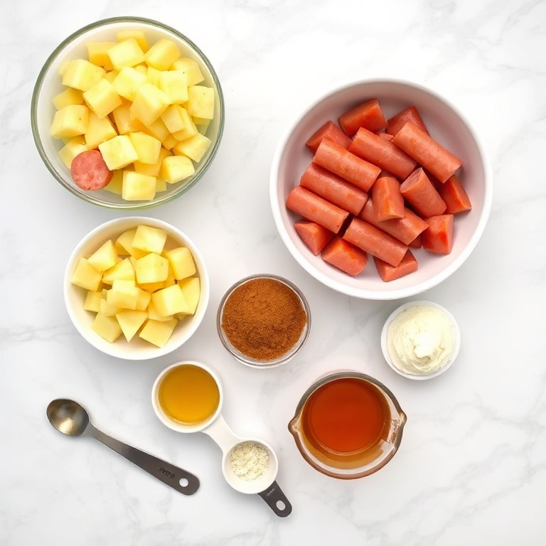 Overhead flat lay of sliced kielbasa sausage, fresh pineapple chunks, brown sugar, honey, and garlic cloves with prep bowls and measuring spoons on white marble