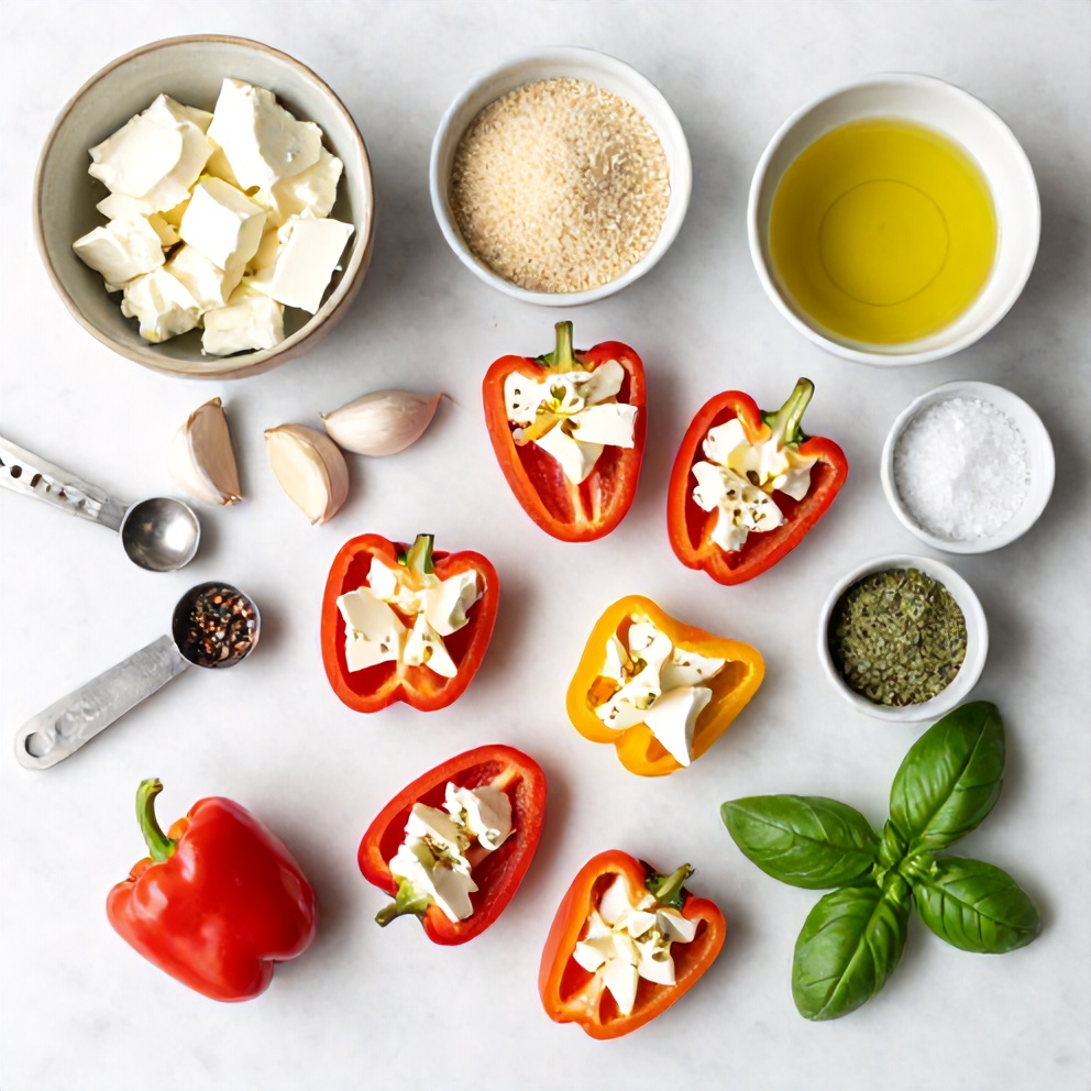 Raw ingredients for goat cheese stuffed mini peppers on a marble surface