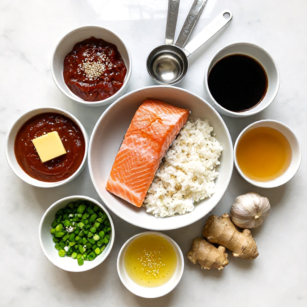 Raw Ingredients for Gochujang Salmon Rice Bowl