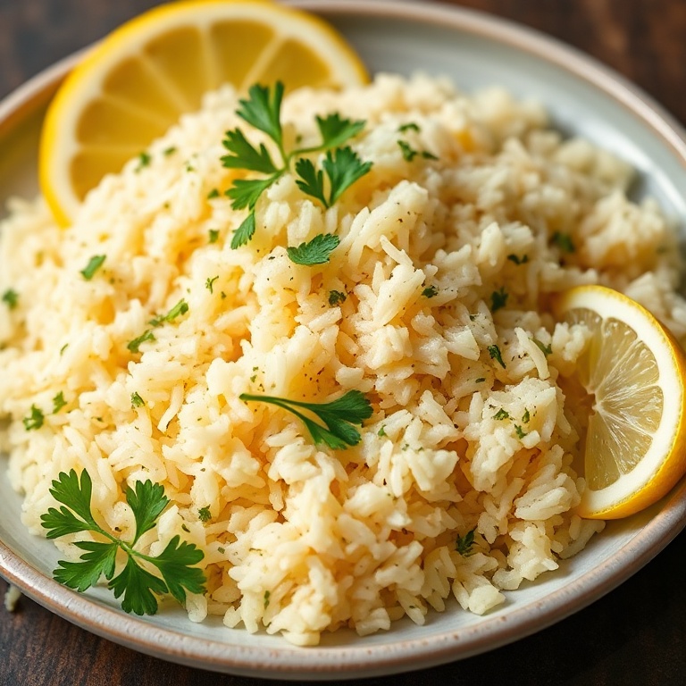 A plate of Greek Lemon Rice with parsley and lemon slices. Warm, fragrant, and restaurant quality.