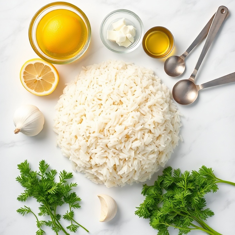 Fresh rice, lemon, garlic, olive oil, dill, and parsley arranged in a flat lay with measuring cups and bowls.