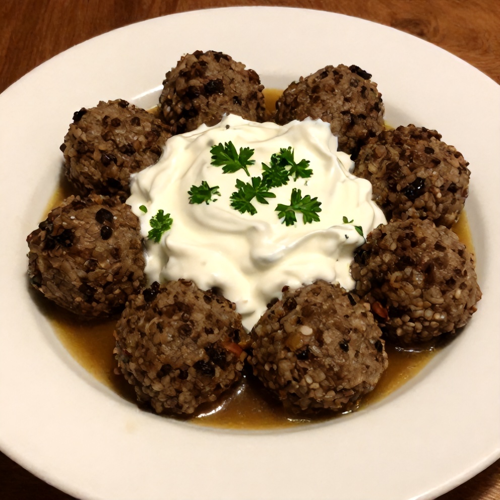 Plated Greek Lentil Meatballs with Tzatziki Sauce