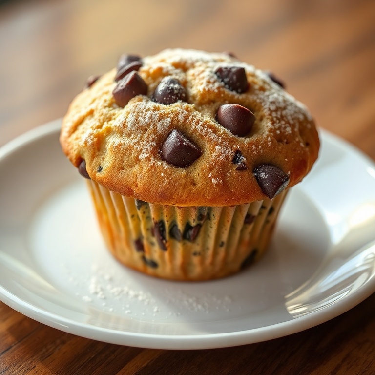 Perfectly plated chocolate chip muffin with a dusting of powdered sugar, close crop showing the texture, warm side lighting, white ceramic plate