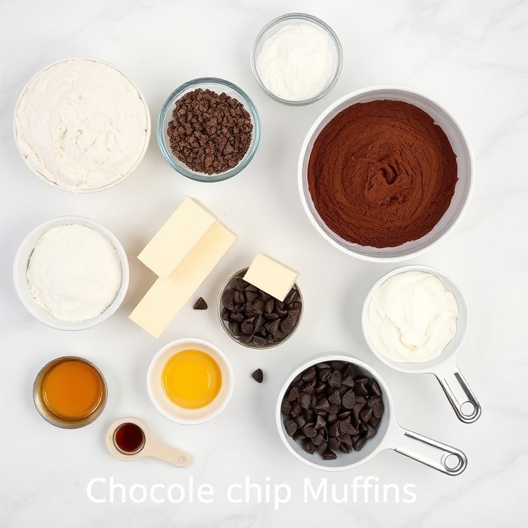 Overhead flat lay of raw ingredients for chocolate chip muffins: flour, sugar, cocoa powder, baking powder, butter, chocolate chips, Greek yogurt, eggs, vanilla extract, measuring spoons and cups, white marble surface