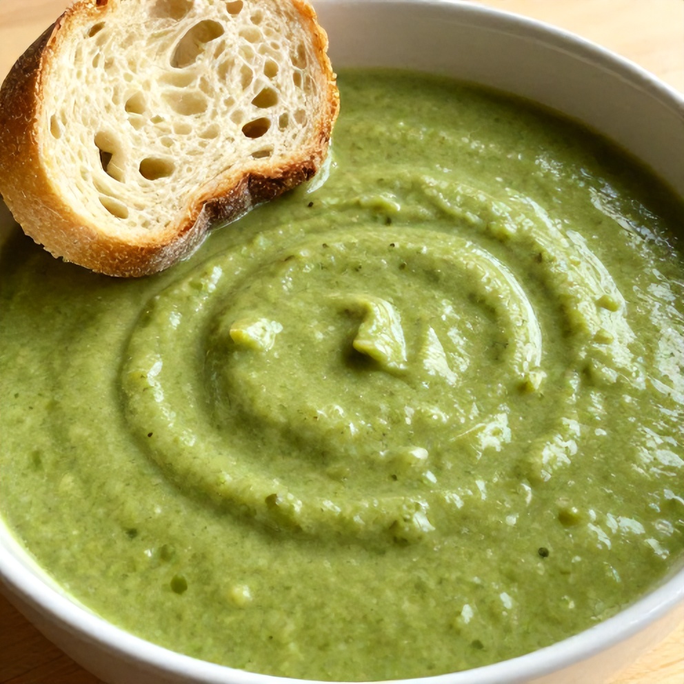 Bowl of Green Vegetable Soup with Crusty Bread