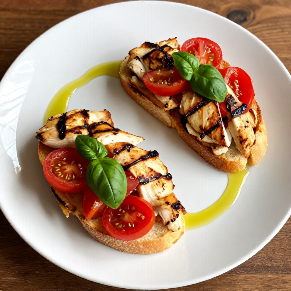 Perfectly plated grilled bruschetta chicken with fresh tomatoes, basil, and olive oil drizzle on a white plate