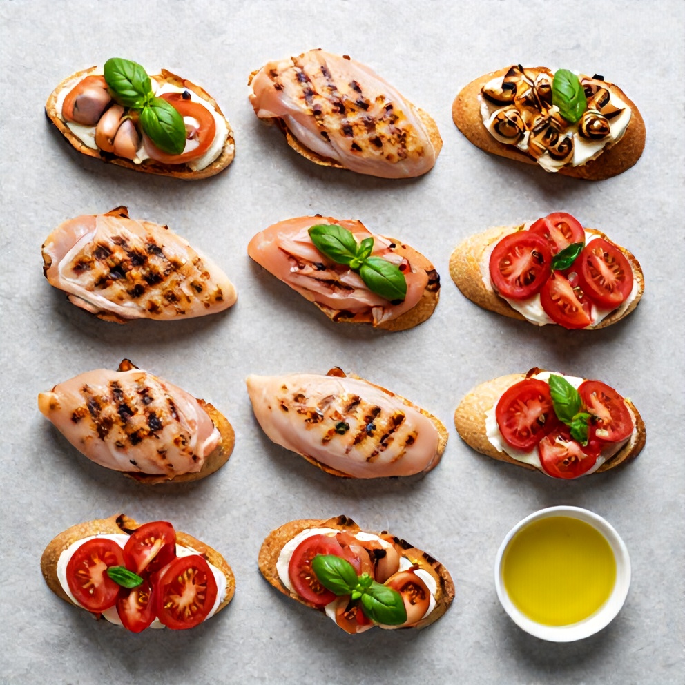 All raw ingredients for grilled bruschetta chicken arranged in flat lay. Chicken breast, tomatoes, basil, garlic, olive oil