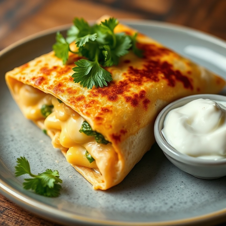 Perfectly plated grilled cheese burrito. Topped with fresh cilantro and a side of sour cream.