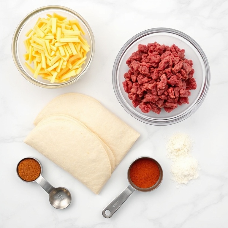 Raw ingredients for grilled cheese burrito: beef, cheese, tortillas, spices, and optional toppings.