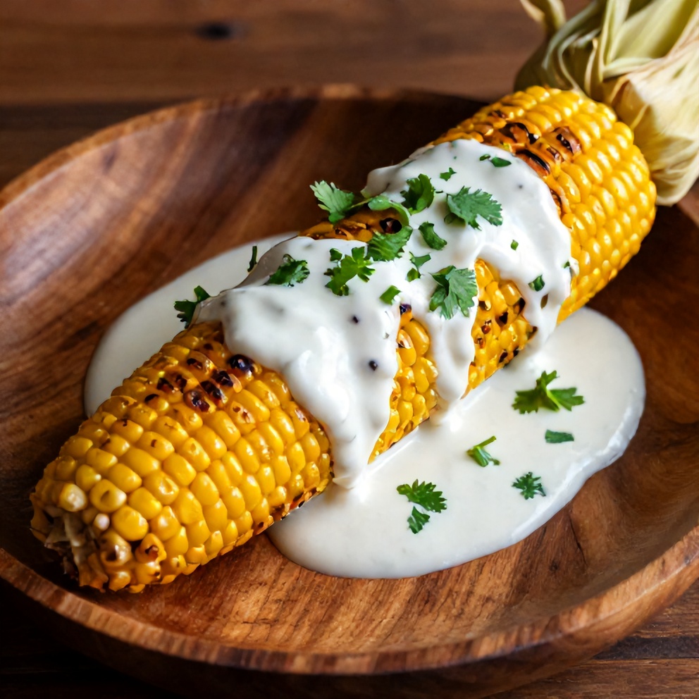 Plated serving of grilled corn on the cob with chili lime yogurt sauce