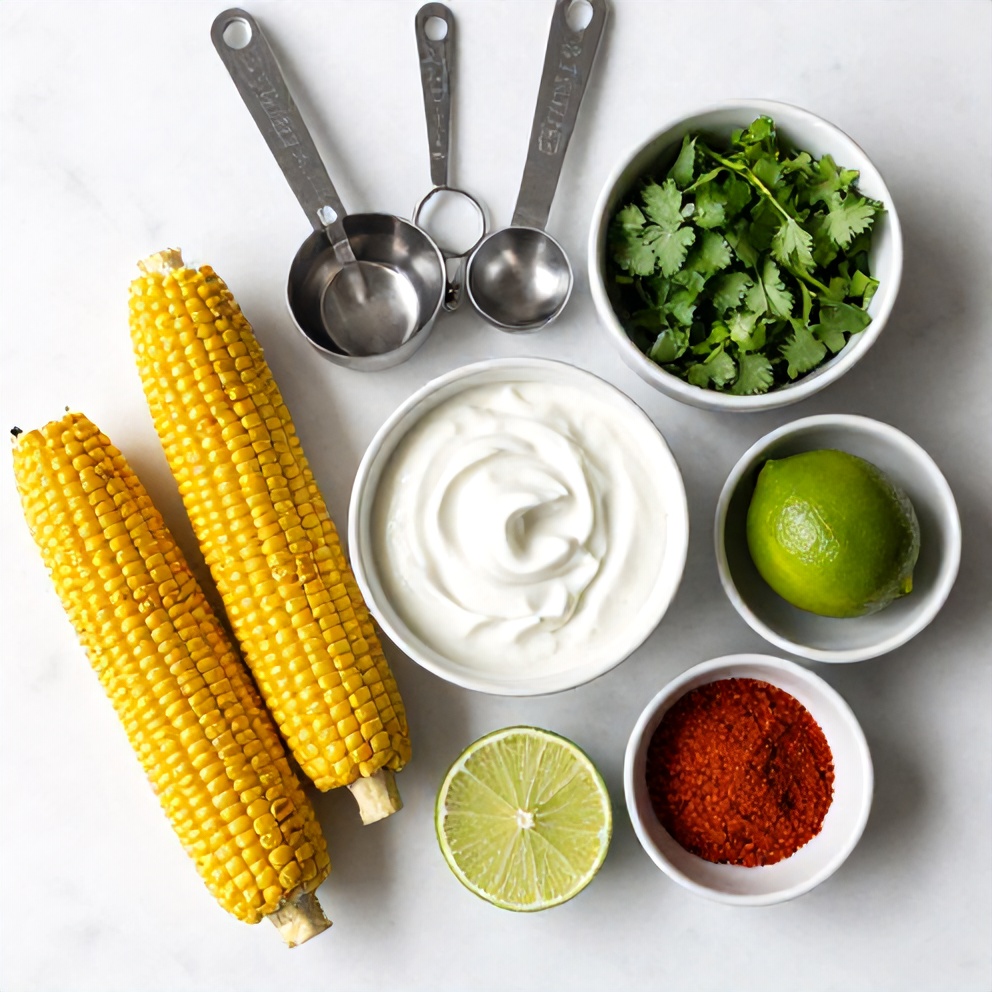 Raw ingredients for grilled corn on the cob with chili lime yogurt sauce