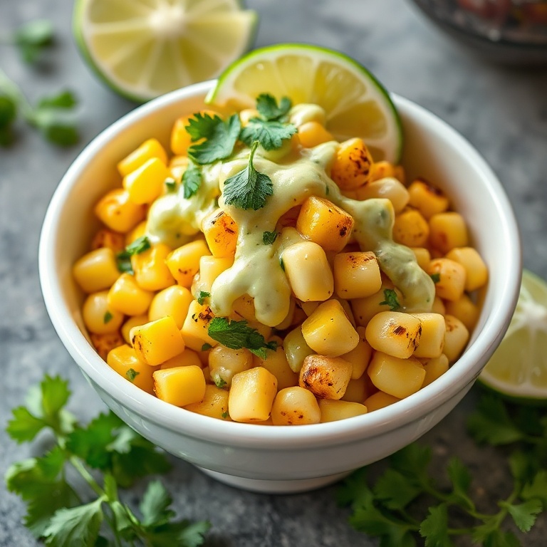 Grilled corn salad in a white ceramic bowl. Cucumber dressing drizzled on top. Garnished with cilantro and lime. Bright and fresh.
