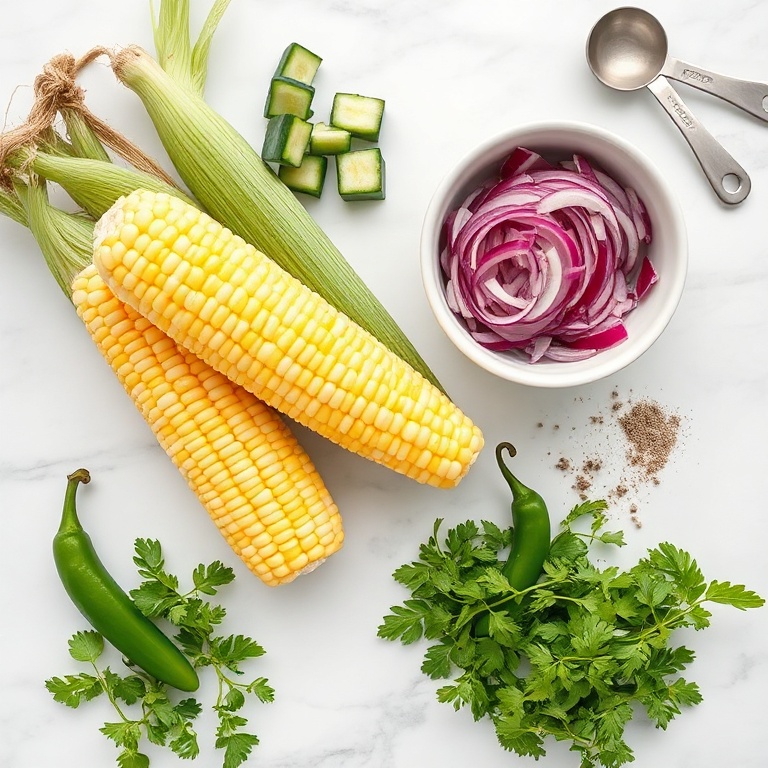 All raw ingredients for grilled corn salad. Fresh corn, cucumbers, red onion, jalapeño, and herbs. Measuring spoons and bowls nearby.