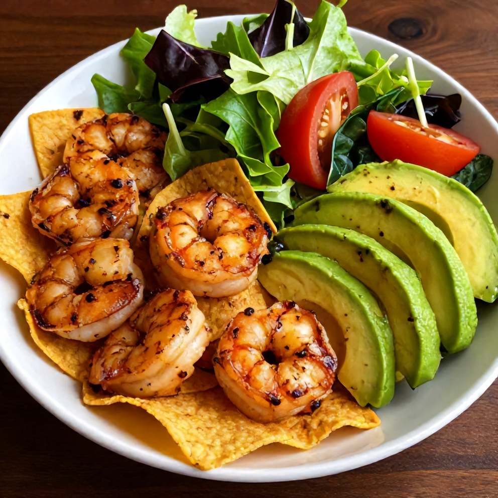 Plated Grilled Shrimp and Avocado Bowl